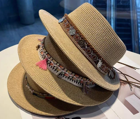 Boho hnedá dámska slamená plážová čiapka